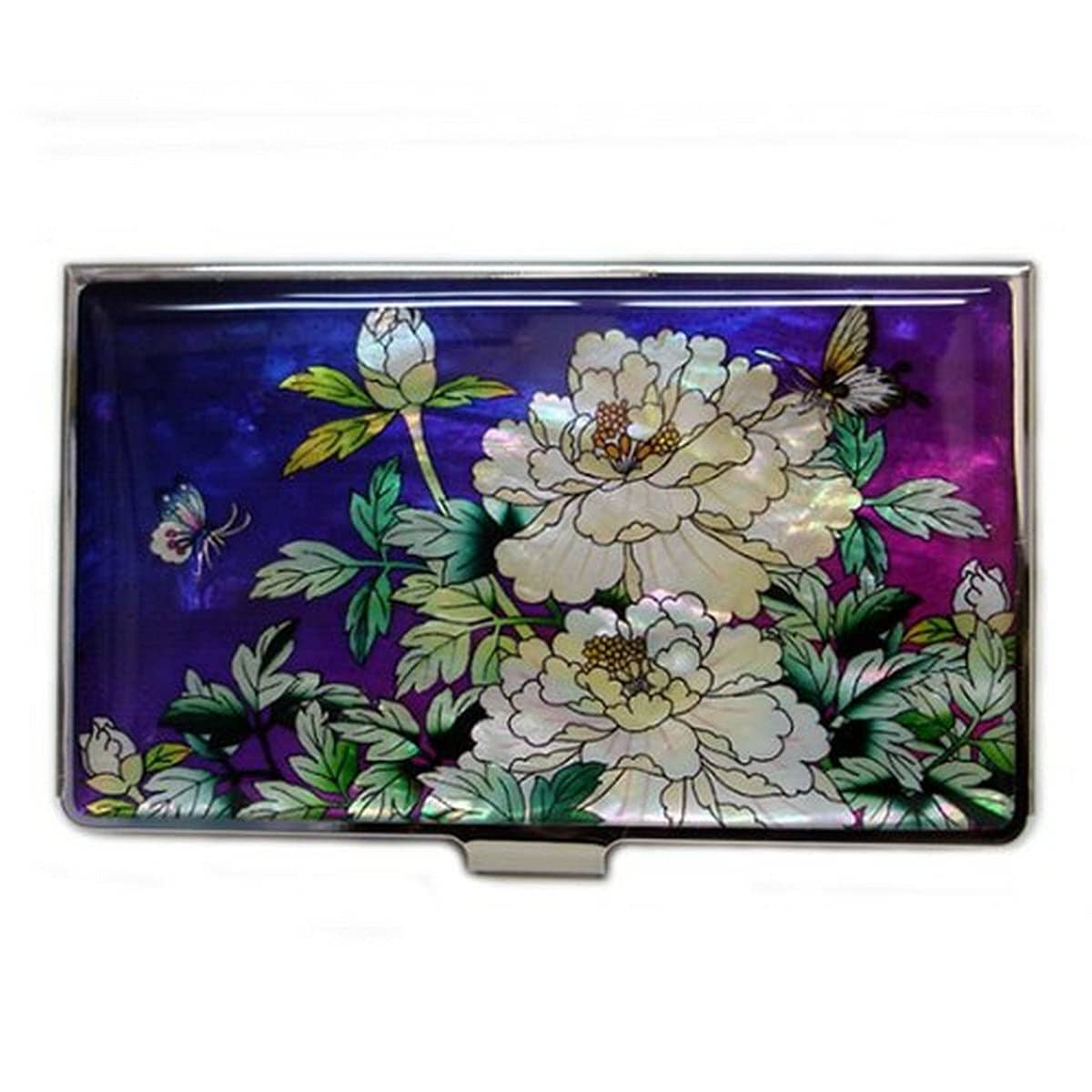 A Collector’s Gift: Antique Alive Mother of Pearl Orchid Design Yellow Business Credit Name ID Card Holder Case Metal Stainless Steel Engraved Slim Purse Pocket Cash Money Wallet Gifts Amazon Purple Peony 