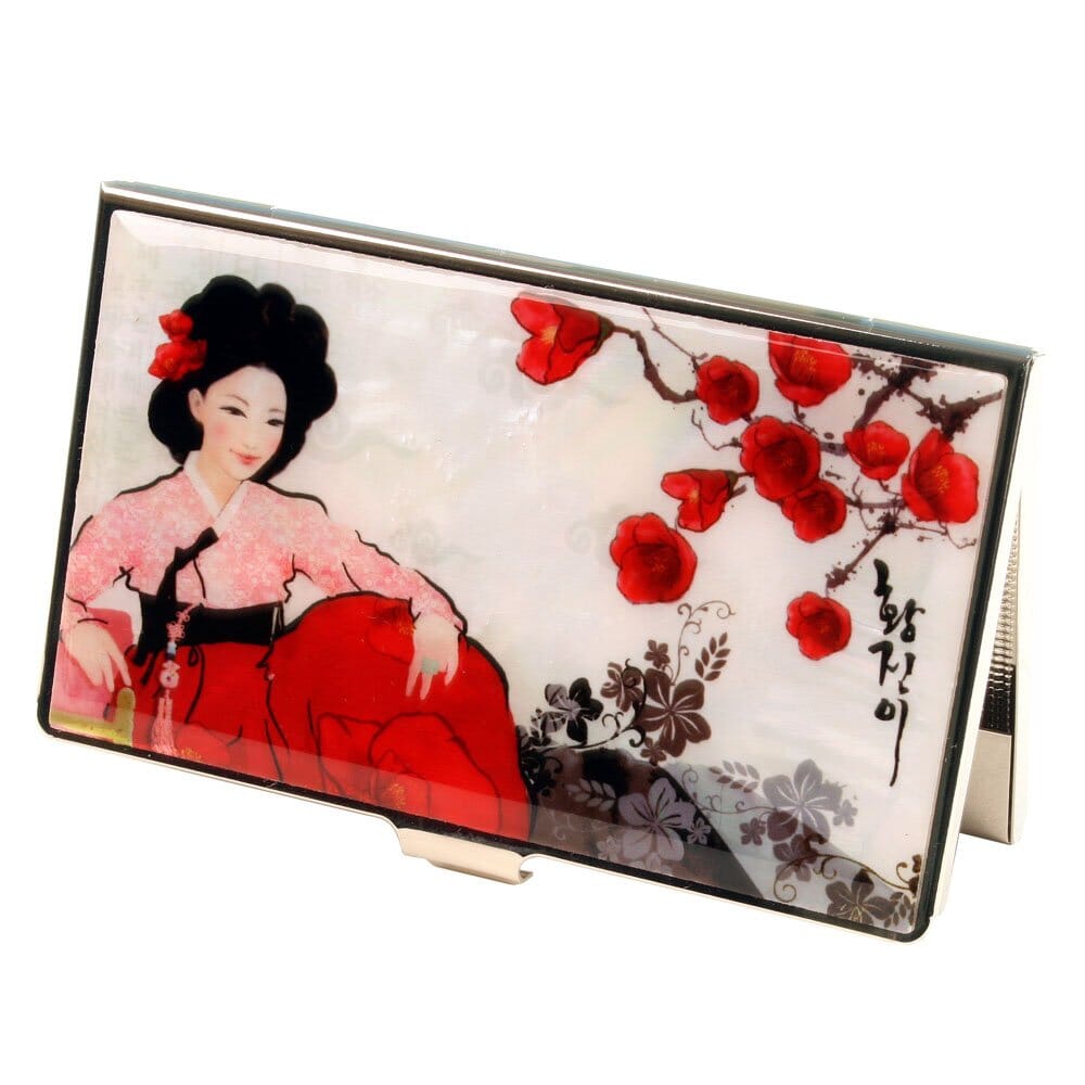 A Collector’s Gift: Antique Alive Mother of Pearl Orchid Design Yellow Business Credit Name ID Card Holder Case Metal Stainless Steel Engraved Slim Purse Pocket Cash Money Wallet Gifts Amazon Korean Beauty 