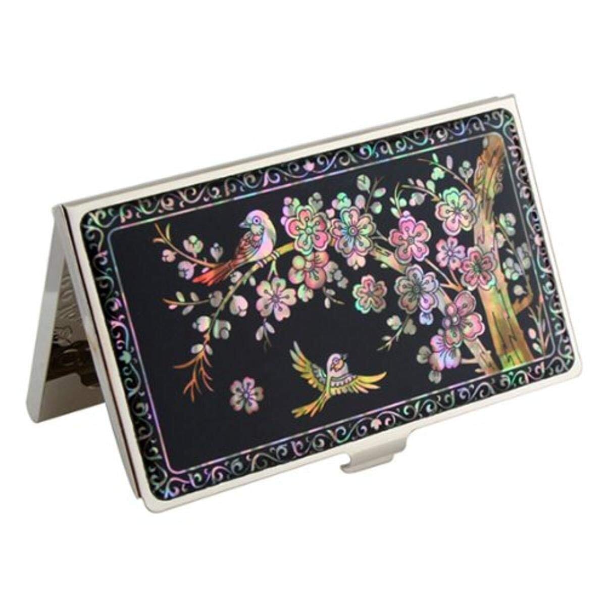 A Collector’s Gift: Antique Alive Mother of Pearl Orchid Design Yellow Business Credit Name ID Card Holder Case Metal Stainless Steel Engraved Slim Purse Pocket Cash Money Wallet Gifts Amazon Pink Apricot 