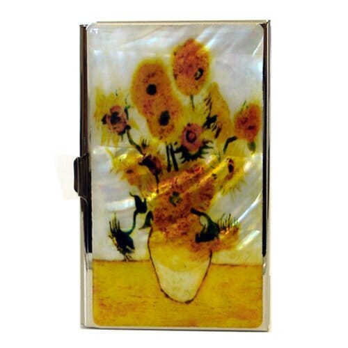 A Collector’s Gift: Antique Alive Mother of Pearl Orchid Design Yellow Business Credit Name ID Card Holder Case Metal Stainless Steel Engraved Slim Purse Pocket Cash Money Wallet Gifts Amazon Sunflowers by Van Gogh 