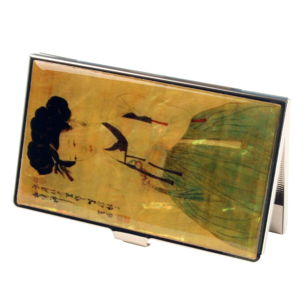 A Collector’s Gift: Antique Alive Mother of Pearl Orchid Design Yellow Business Credit Name ID Card Holder Case Metal Stainless Steel Engraved Slim Purse Pocket Cash Money Wallet Gifts Amazon Portrait of Korean Beauty 