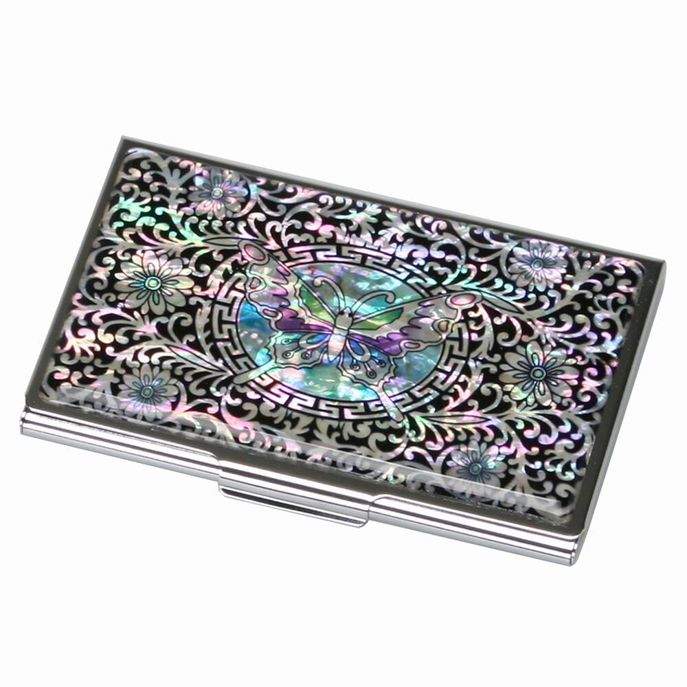 A Collector’s Gift: Antique Alive Mother of Pearl Orchid Design Yellow Business Credit Name ID Card Holder Case Metal Stainless Steel Engraved Slim Purse Pocket Cash Money Wallet Gifts Amazon Butterfly Arabesque 