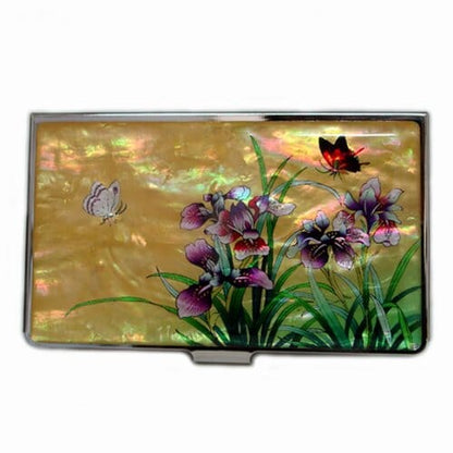 A Collector’s Gift: Antique Alive Mother of Pearl Orchid Design Yellow Business Credit Name ID Card Holder Case Metal Stainless Steel Engraved Slim Purse Pocket Cash Money Wallet Gifts Amazon 