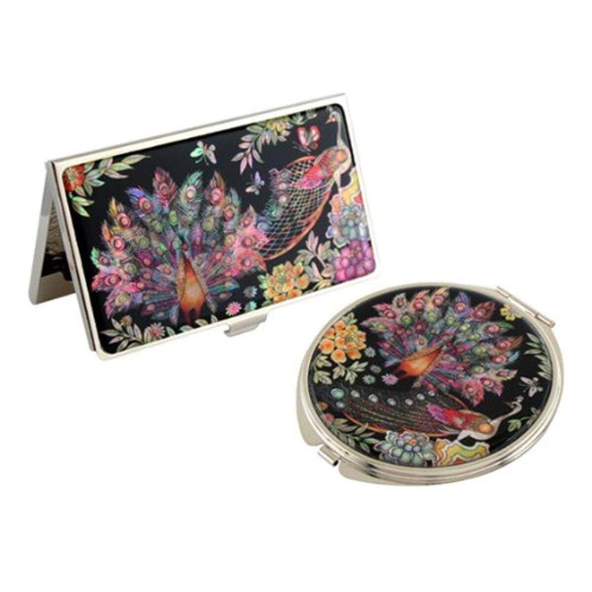 A Collector’s Gift: Antique Alive Mother of Pearl Orchid Design Yellow Business Credit Name ID Card Holder Case Metal Stainless Steel Engraved Slim Purse Pocket Cash Money Wallet Gifts Amazon Peacock Gift Set 