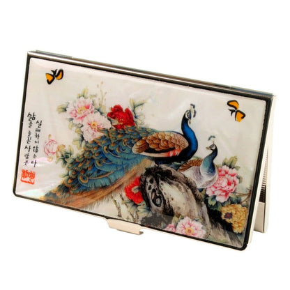 A Collector’s Gift: Antique Alive Mother of Pearl Orchid Design Yellow Business Credit Name ID Card Holder Case Metal Stainless Steel Engraved Slim Purse Pocket Cash Money Wallet Gifts Amazon Peacock Pair 