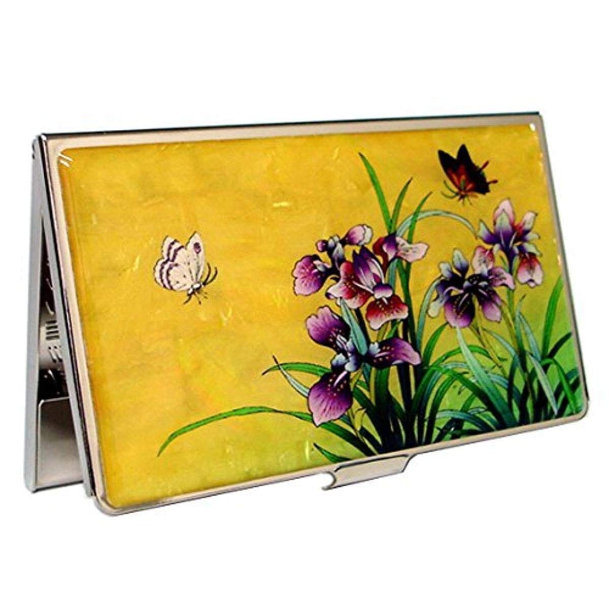 A Collector’s Gift: Antique Alive Mother of Pearl Orchid Design Yellow Business Credit Name ID Card Holder Case Metal Stainless Steel Engraved Slim Purse Pocket Cash Money Wallet Gifts Amazon Yellow Orchid 