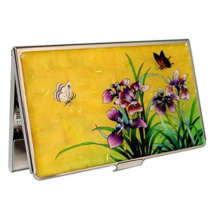 A Collector’s Gift: Antique Alive Mother of Pearl Orchid Design Yellow Business Credit Name ID Card Holder Case Metal Stainless Steel Engraved Slim Purse Pocket Cash Money Wallet Gifts Amazon Yellow Orchid 