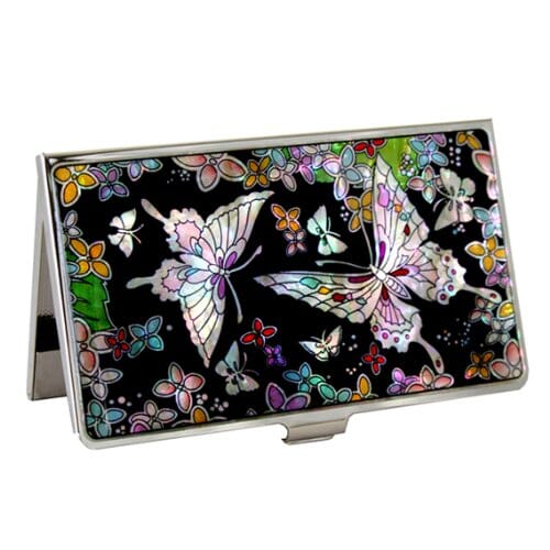 A Collector’s Gift: Antique Alive Mother of Pearl Orchid Design Yellow Business Credit Name ID Card Holder Case Metal Stainless Steel Engraved Slim Purse Pocket Cash Money Wallet Gifts Amazon Flower Butterfly Black 