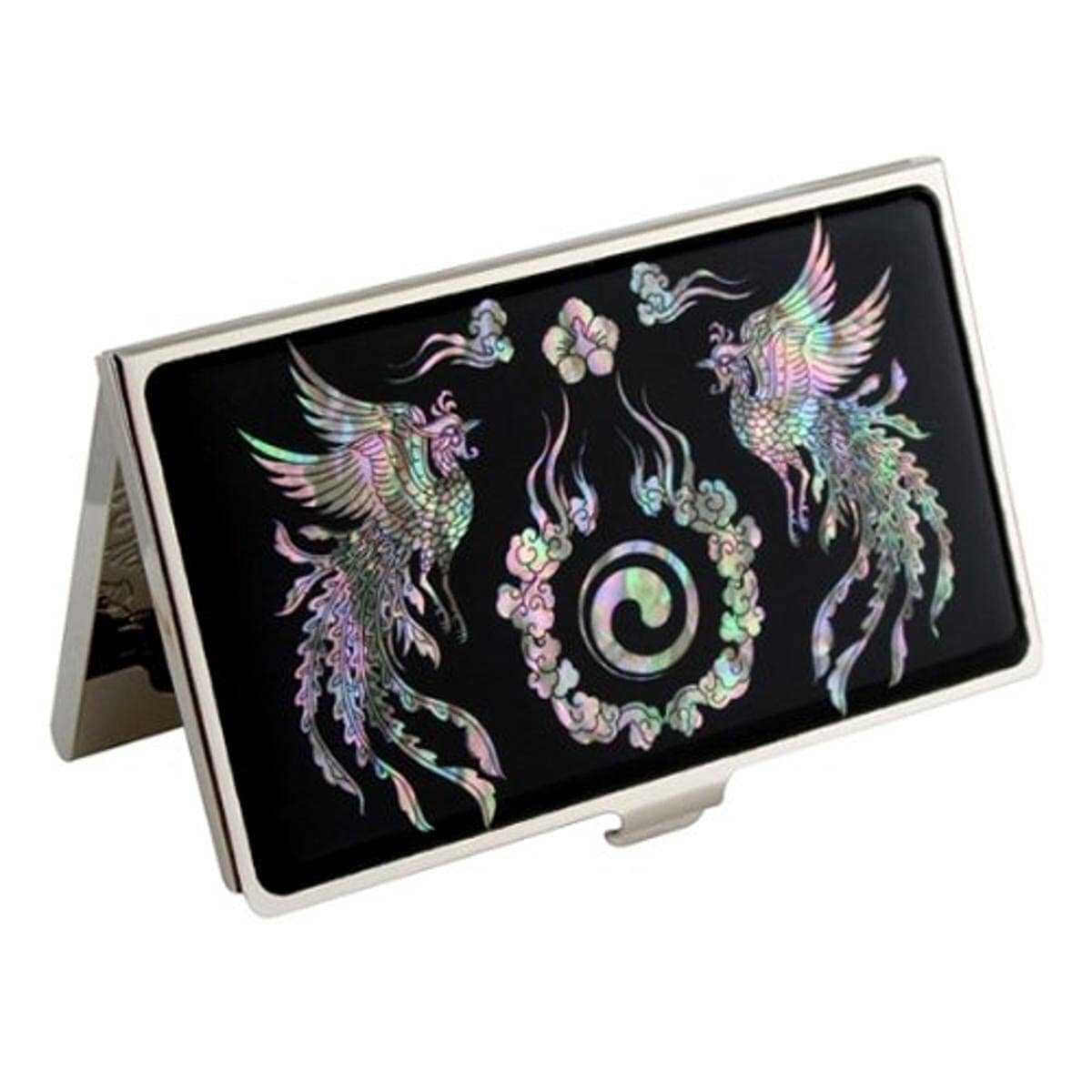 A Collector’s Gift: Antique Alive Mother of Pearl Orchid Design Yellow Business Credit Name ID Card Holder Case Metal Stainless Steel Engraved Slim Purse Pocket Cash Money Wallet Gifts Amazon Phoenix Black 