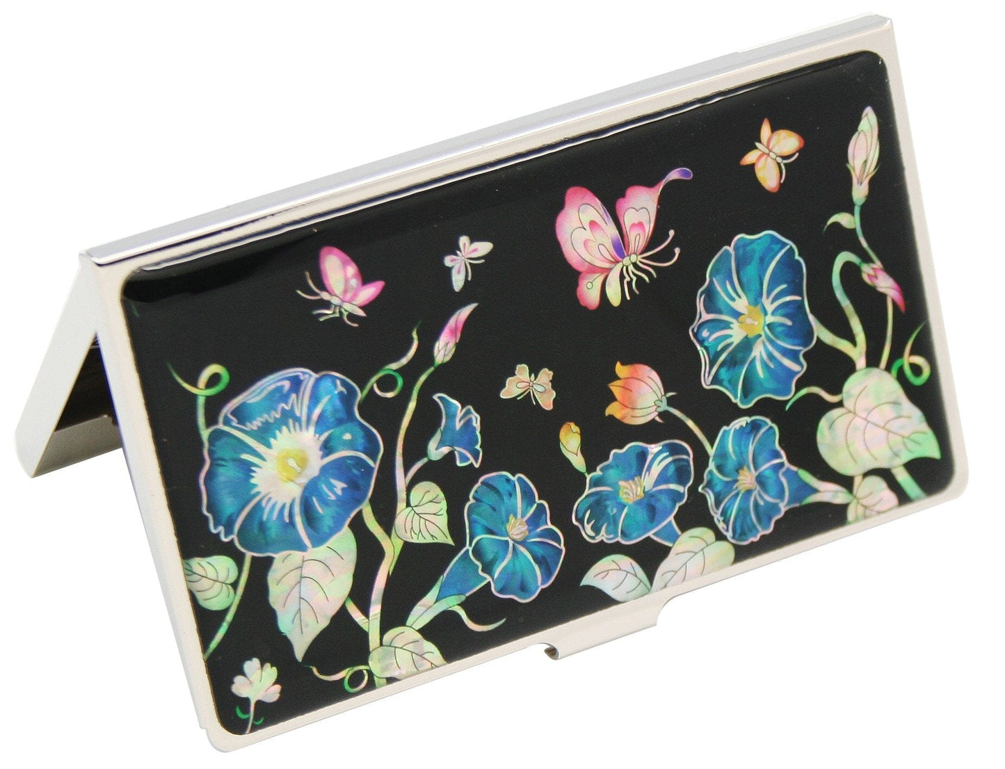 A Collector’s Gift: Antique Alive Mother of Pearl Orchid Design Yellow Business Credit Name ID Card Holder Case Metal Stainless Steel Engraved Slim Purse Pocket Cash Money Wallet Gifts Amazon Blue Morning Glory 