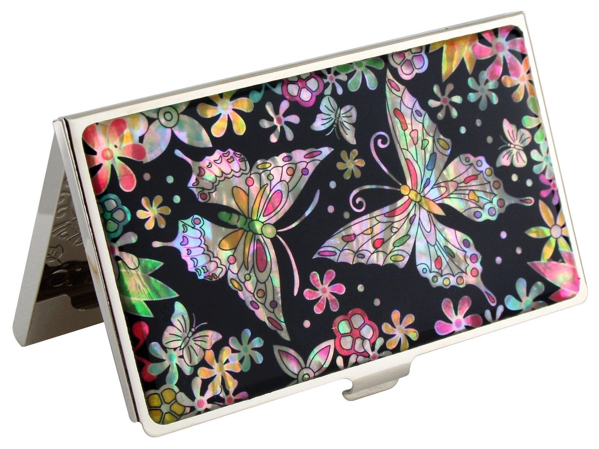 A Collector’s Gift: Antique Alive Mother of Pearl Orchid Design Yellow Business Credit Name ID Card Holder Case Metal Stainless Steel Engraved Slim Purse Pocket Cash Money Wallet Gifts Amazon Butterfly Flowers 