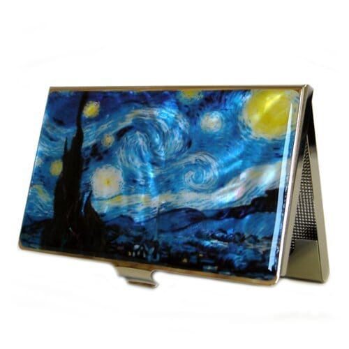 A Collector’s Gift: Antique Alive Mother of Pearl Orchid Design Yellow Business Credit Name ID Card Holder Case Metal Stainless Steel Engraved Slim Purse Pocket Cash Money Wallet Gifts Amazon Starry Night by Gogh 