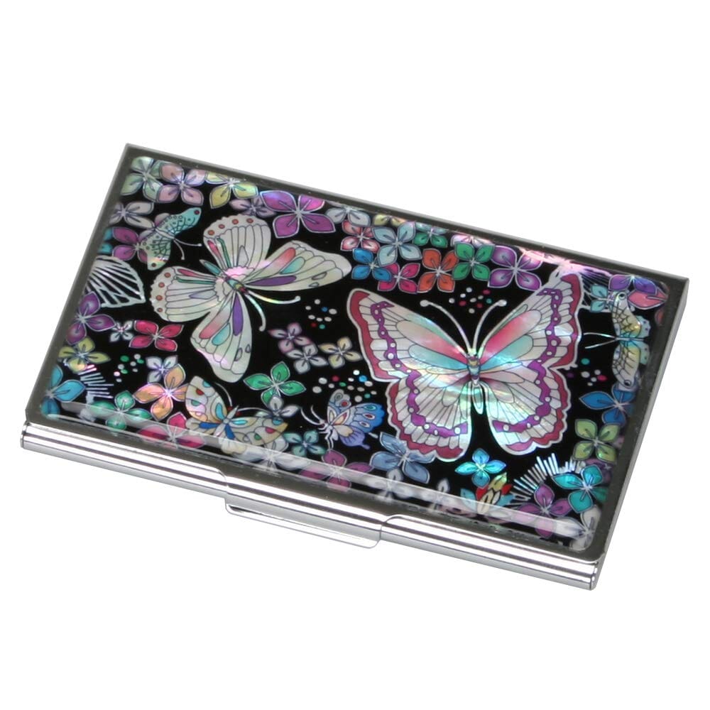 A Collector’s Gift: Antique Alive Mother of Pearl Orchid Design Yellow Business Credit Name ID Card Holder Case Metal Stainless Steel Engraved Slim Purse Pocket Cash Money Wallet Gifts Amazon Flower Butterfly 