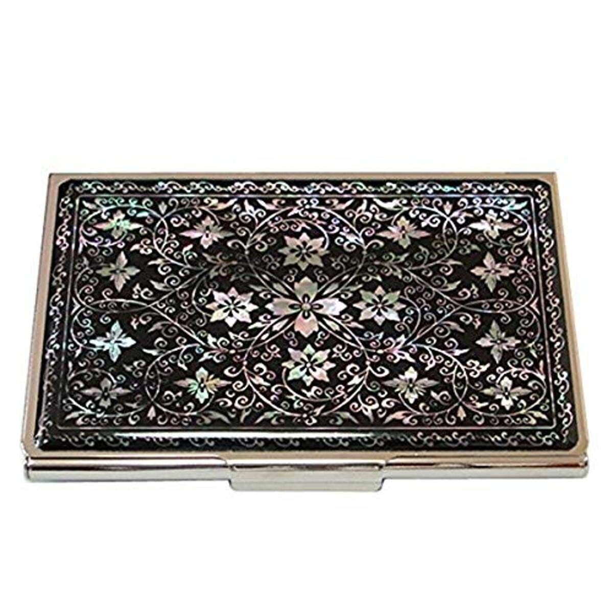 A Collector’s Gift: Antique Alive Mother of Pearl Orchid Design Yellow Business Credit Name ID Card Holder Case Metal Stainless Steel Engraved Slim Purse Pocket Cash Money Wallet Gifts Amazon Black Arabesque 