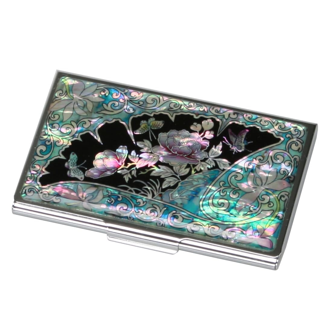 A Collector’s Gift: Antique Alive Mother of Pearl Orchid Design Yellow Business Credit Name ID Card Holder Case Metal Stainless Steel Engraved Slim Purse Pocket Cash Money Wallet Gifts Amazon Ginkgo Leaf 