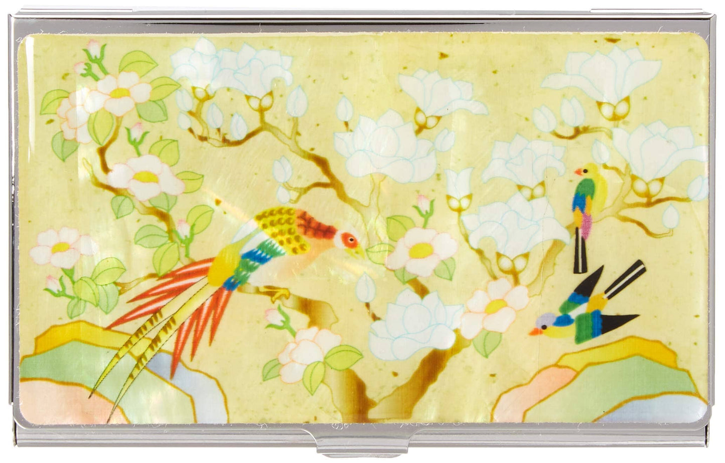 A Collector’s Gift: Antique Alive Mother of Pearl Orchid Design Yellow Business Credit Name ID Card Holder Case Metal Stainless Steel Engraved Slim Purse Pocket Cash Money Wallet Gifts Amazon White Magnolia 