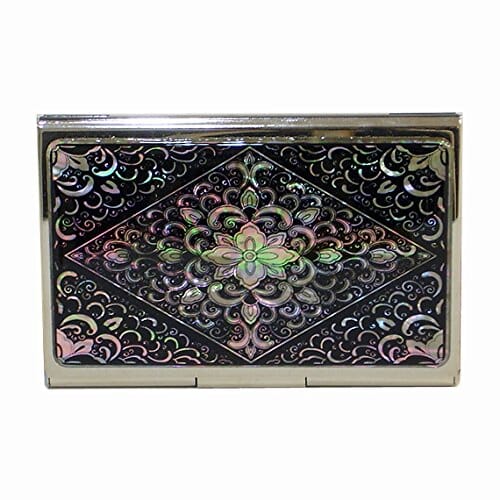 A Collector’s Gift: Antique Alive Mother of Pearl Orchid Design Yellow Business Credit Name ID Card Holder Case Metal Stainless Steel Engraved Slim Purse Pocket Cash Money Wallet Gifts Amazon Arabesque Design Black 