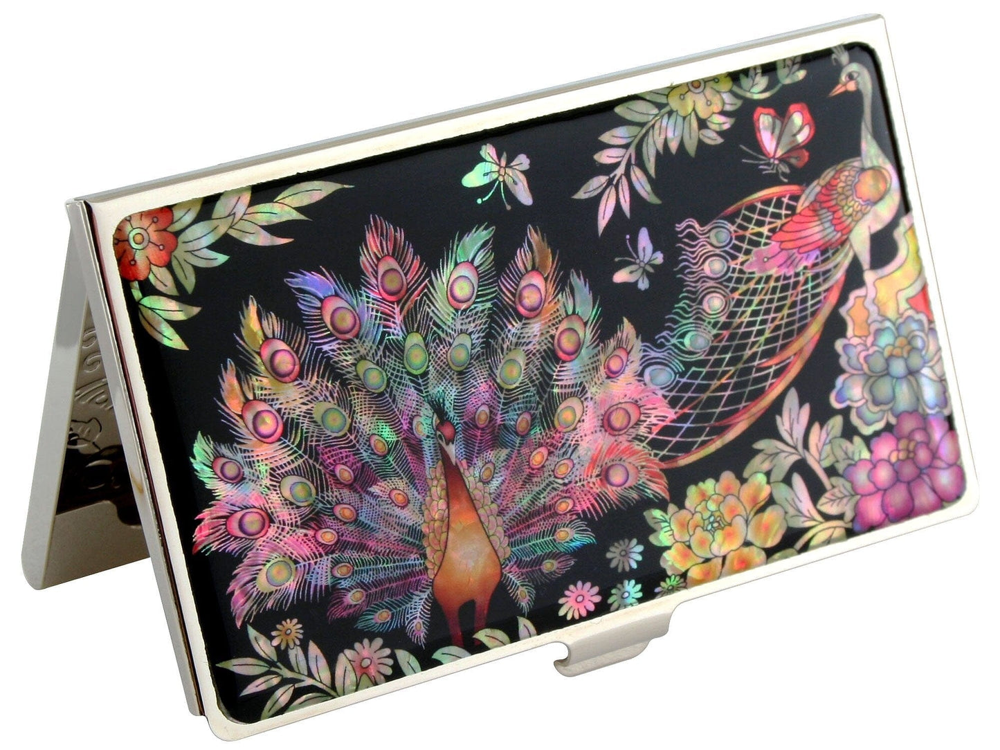 A Collector’s Gift: Antique Alive Mother of Pearl Orchid Design Yellow Business Credit Name ID Card Holder Case Metal Stainless Steel Engraved Slim Purse Pocket Cash Money Wallet Gifts Amazon Peacock 