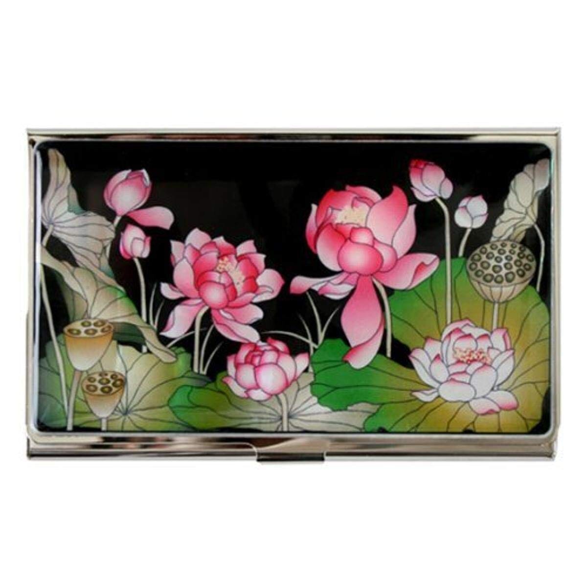 A Collector’s Gift: Antique Alive Mother of Pearl Orchid Design Yellow Business Credit Name ID Card Holder Case Metal Stainless Steel Engraved Slim Purse Pocket Cash Money Wallet Gifts Amazon Pink Lotus 