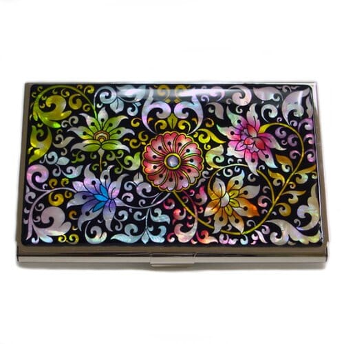 A Collector’s Gift: Antique Alive Mother of Pearl Orchid Design Yellow Business Credit Name ID Card Holder Case Metal Stainless Steel Engraved Slim Purse Pocket Cash Money Wallet Gifts Amazon Flower Arabesque 