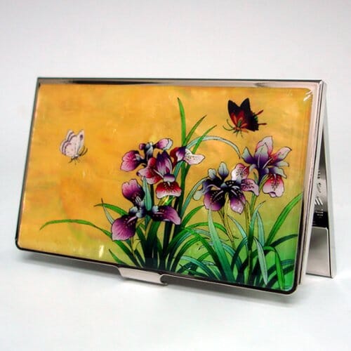 A Collector’s Gift: Antique Alive Mother of Pearl Orchid Design Yellow Business Credit Name ID Card Holder Case Metal Stainless Steel Engraved Slim Purse Pocket Cash Money Wallet Gifts Amazon 