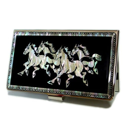 A Collector’s Gift: Antique Alive Mother of Pearl Orchid Design Yellow Business Credit Name ID Card Holder Case Metal Stainless Steel Engraved Slim Purse Pocket Cash Money Wallet Gifts Amazon Horse Black 