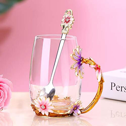 A Collector’s Gift: Enamel flower Lead-free Glass Coffee Mugs Tea Cup with Steel Spoon, Best Birthday Gifts For Women Wife Mom Friends Mothers Valentines Day Christmas (Purple-Tall) Gifts Amazon 