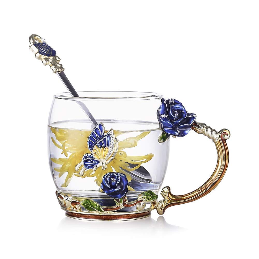 A Collector’s Gift: Enamel flower Lead-free Glass Coffee Mugs Tea Cup with Steel Spoon, Best Birthday Gifts For Women Wife Mom Friends Mothers Valentines Day Christmas (Purple-Tall) Gifts Amazon Blue 