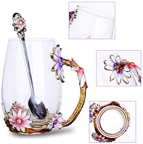 A Collector’s Gift: Enamel flower Lead-free Glass Coffee Mugs Tea Cup with Steel Spoon, Best Birthday Gifts For Women Wife Mom Friends Mothers Valentines Day Christmas (Purple-Tall) Gifts Amazon 