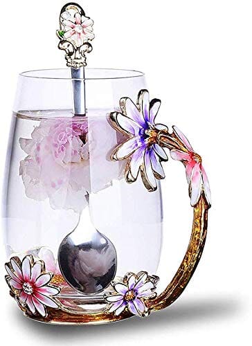 A Collector’s Gift: Enamel flower Lead-free Glass Coffee Mugs Tea Cup with Steel Spoon, Best Birthday Gifts For Women Wife Mom Friends Mothers Valentines Day Christmas (Purple-Tall) Gifts Amazon Purple-Tall 