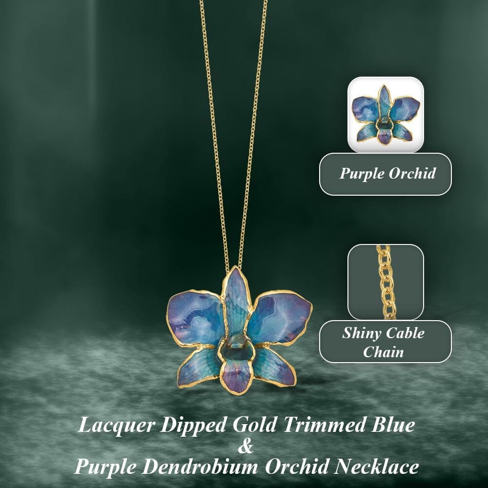 A Collector’s Gift: Lacquer Dipped Gold Trimmed Blue and Purple Dendrobium Orchid Necklace Size 20" for Women Gifts Amazon 