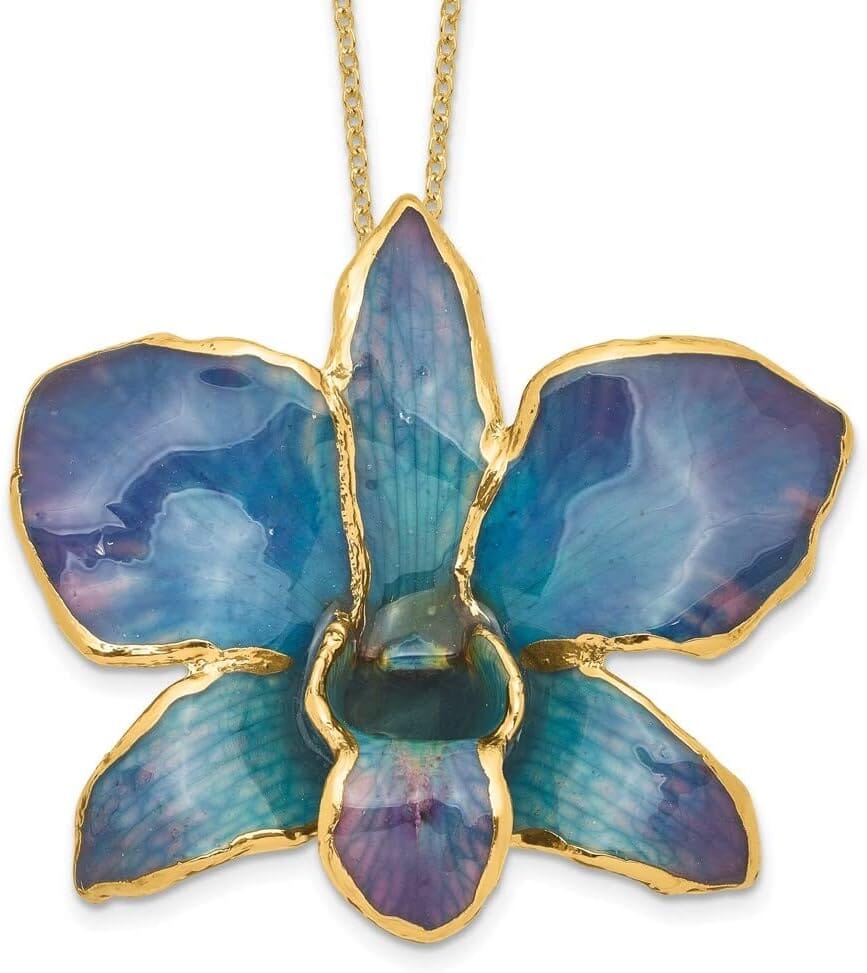 A Collector’s Gift: Lacquer Dipped Gold Trimmed Blue and Purple Dendrobium Orchid Necklace Size 20" for Women Gifts Amazon 