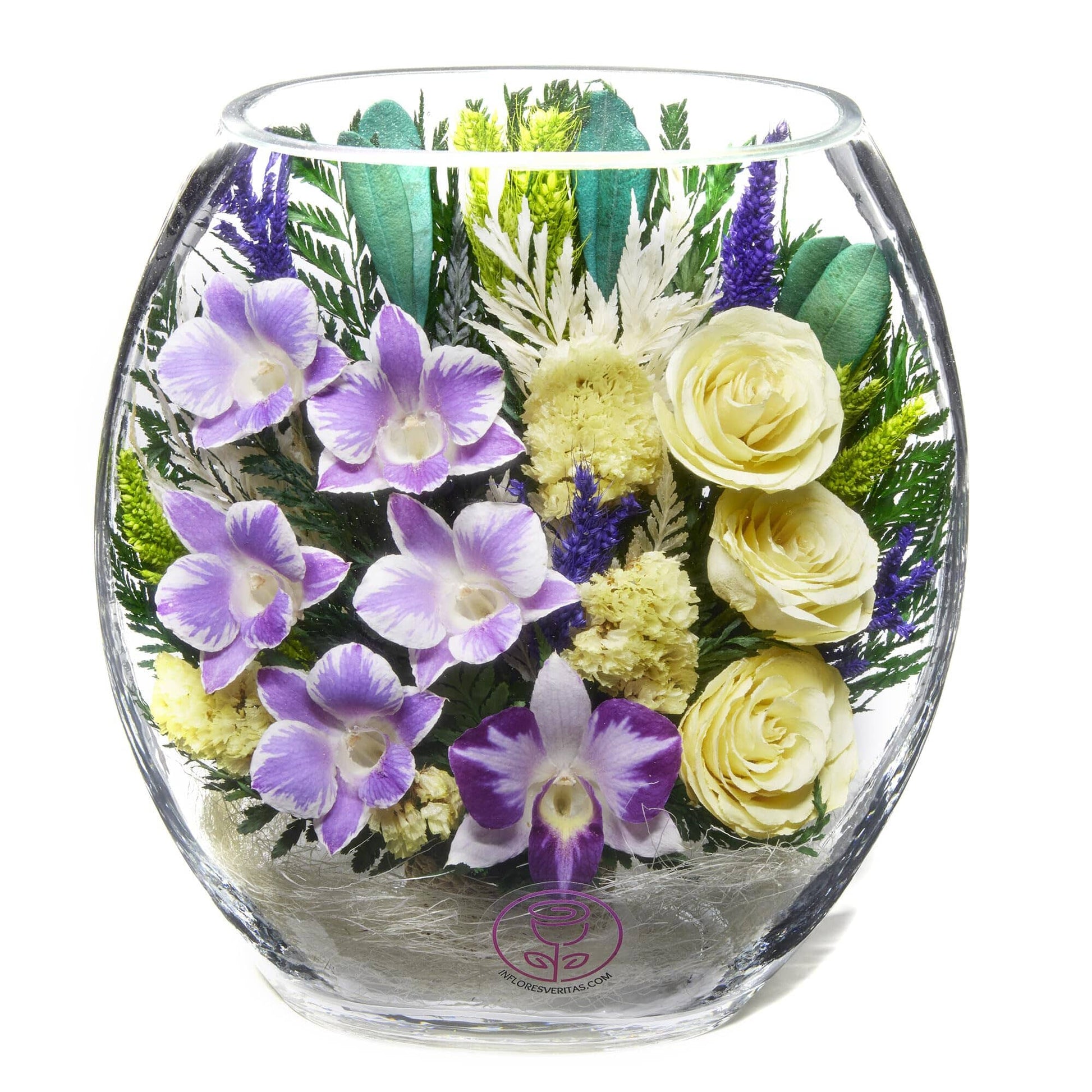 A Collector’s Gift: Premium Fresh Cut Preserved Flower Bouquet in a Sealed Glass Vase | Long Lasting Bouquet Orchids and Roses Stays Fresh for 5+ Years | No Water Needed | Unique Gift for Women Gifts Amazon Wanderland White & Purple 