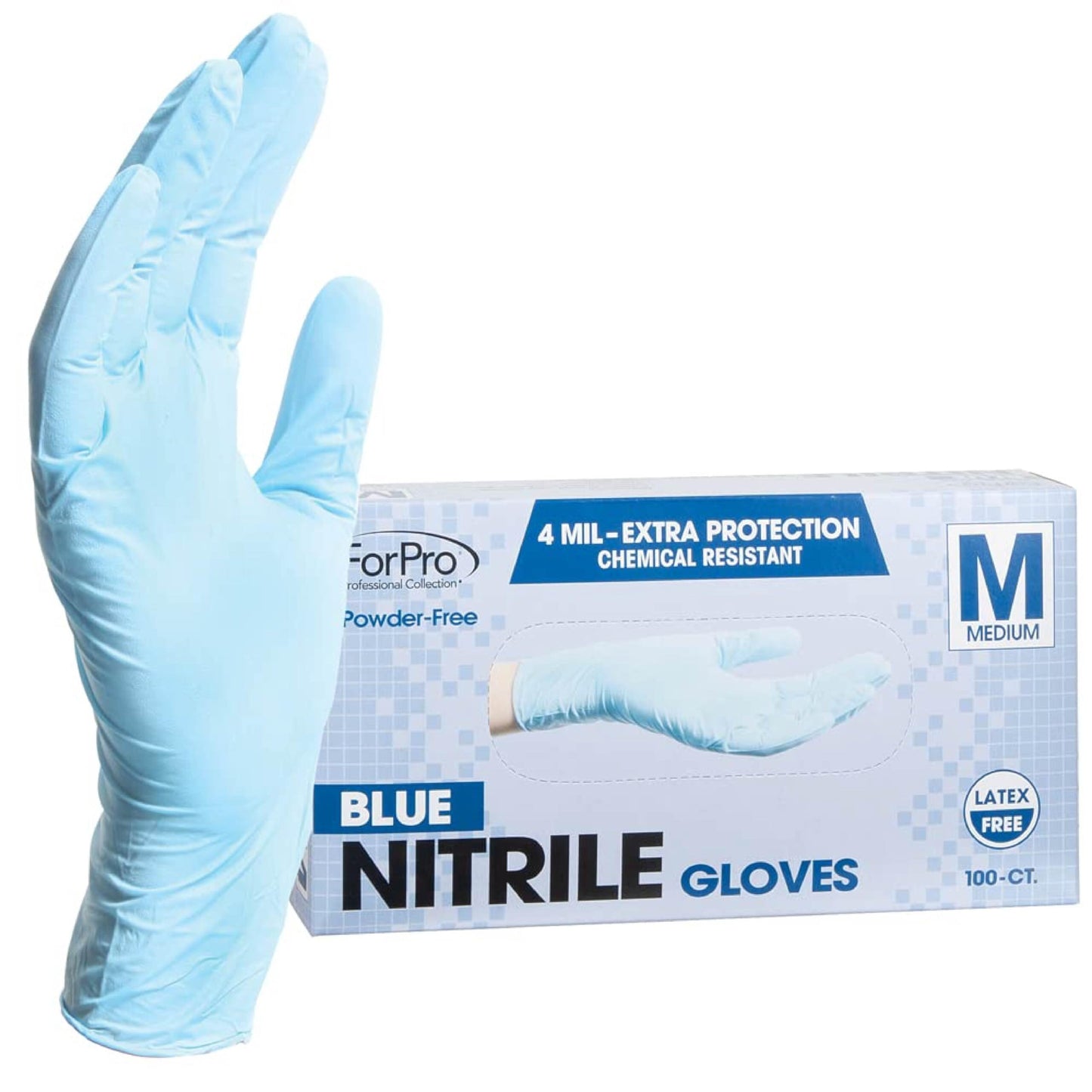 ForPro Professional Collection Disposable Nitrile Gloves, Chemical Resistant, Powder-Free, Latex-Free, Non-Sterile, Food Safe, 4 Mil, Black, Medium, 100-Count Pots Amazon Blue Medium (Pack of 100) 