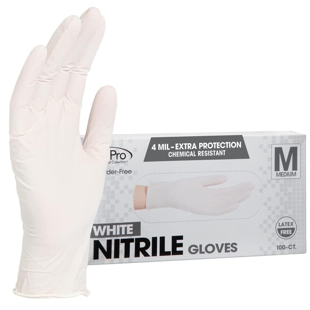 ForPro Professional Collection Disposable Nitrile Gloves, Chemical Resistant, Powder-Free, Latex-Free, Non-Sterile, Food Safe, 4 Mil, Black, Medium, 100-Count Pots Amazon White Medium (Pack of 100) 